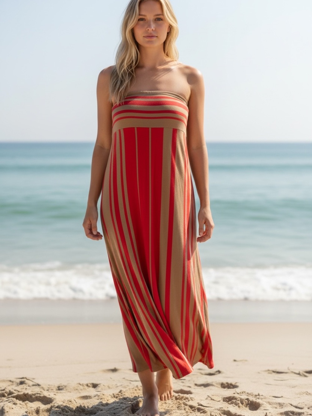 La Blanca Strapless Red and Tan Striped Maxi Dress